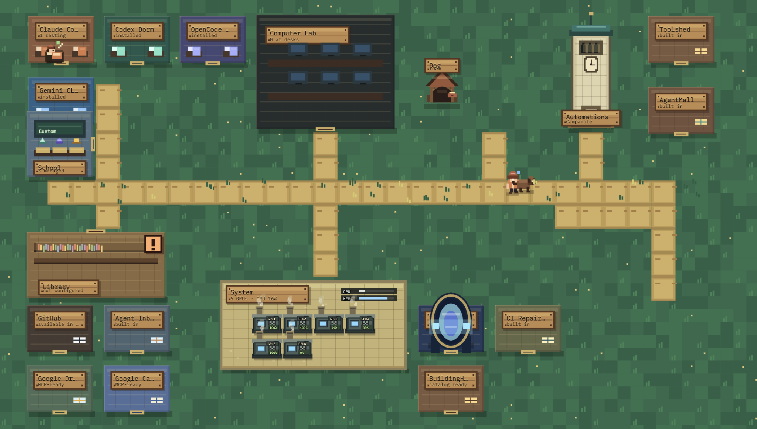 Pixel-art Vibe Research town with agent buildings, a system dashboard, and automation tools